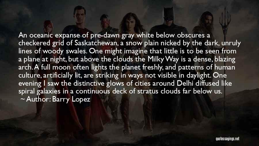 Barry Lopez Quotes: An Oceanic Expanse Of Pre-dawn Gray White Below Obscures A Checkered Grid Of Saskatchewan, A Snow Plain Nicked By The