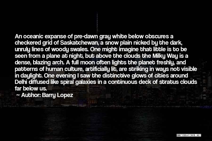 Barry Lopez Quotes: An Oceanic Expanse Of Pre-dawn Gray White Below Obscures A Checkered Grid Of Saskatchewan, A Snow Plain Nicked By The