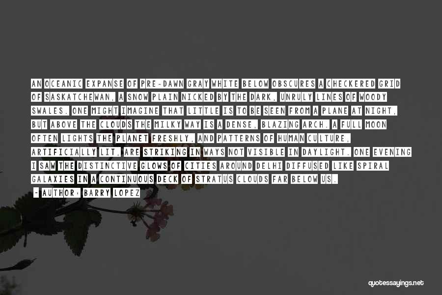 Barry Lopez Quotes: An Oceanic Expanse Of Pre-dawn Gray White Below Obscures A Checkered Grid Of Saskatchewan, A Snow Plain Nicked By The