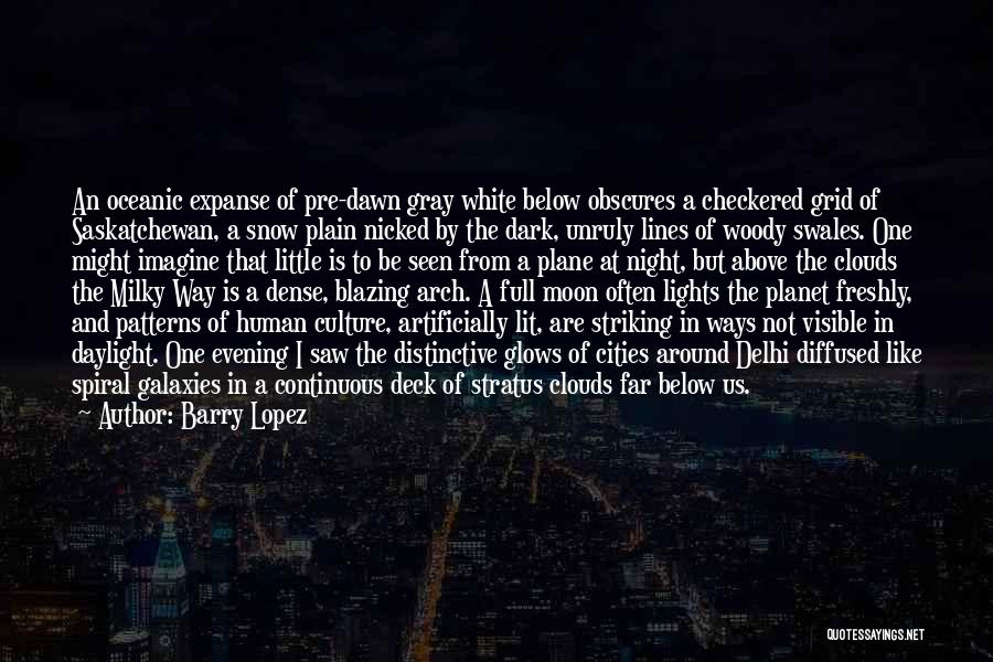 Barry Lopez Quotes: An Oceanic Expanse Of Pre-dawn Gray White Below Obscures A Checkered Grid Of Saskatchewan, A Snow Plain Nicked By The