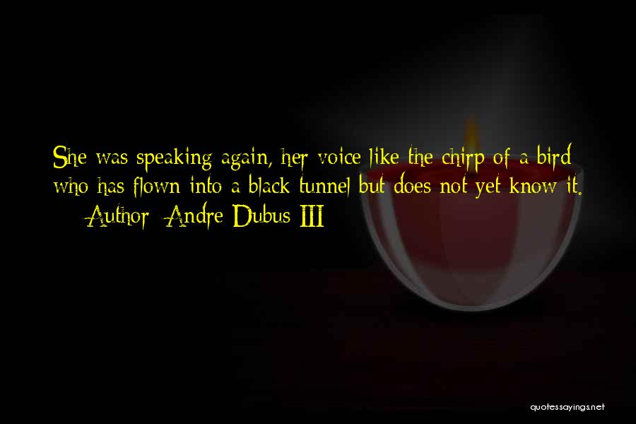 Andre Dubus III Quotes: She Was Speaking Again, Her Voice Like The Chirp Of A Bird Who Has Flown Into A Black Tunnel But