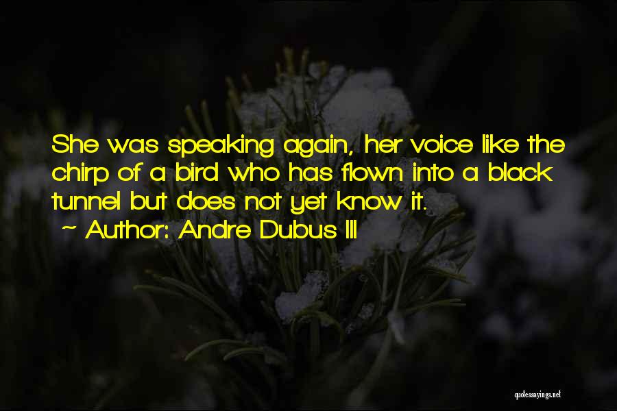 Andre Dubus III Quotes: She Was Speaking Again, Her Voice Like The Chirp Of A Bird Who Has Flown Into A Black Tunnel But