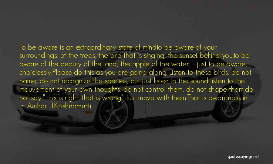 J.Krishnamurti Quotes: To Be Aware Is An Extraordinary State Of Mindto Be Aware Of Your Surroundings, Of The Trees, The Bird That