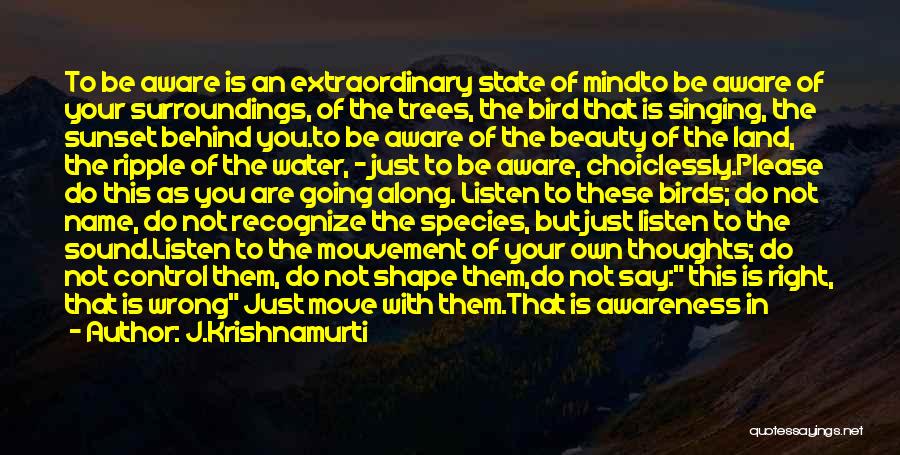 J.Krishnamurti Quotes: To Be Aware Is An Extraordinary State Of Mindto Be Aware Of Your Surroundings, Of The Trees, The Bird That
