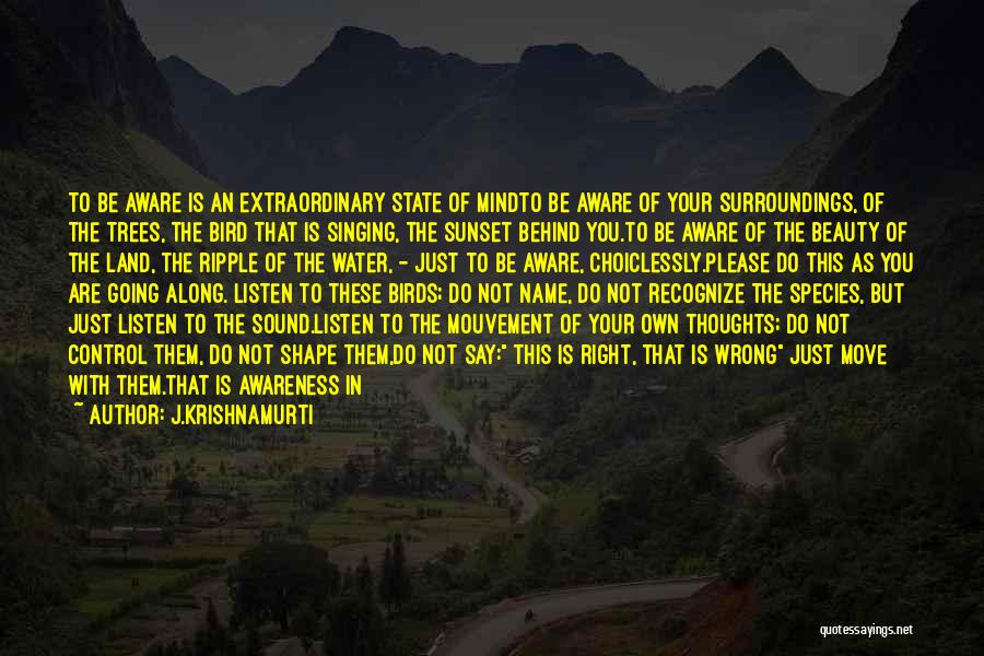 J.Krishnamurti Quotes: To Be Aware Is An Extraordinary State Of Mindto Be Aware Of Your Surroundings, Of The Trees, The Bird That