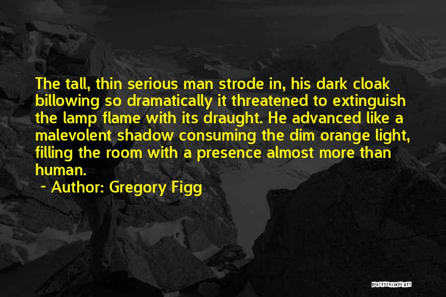 Gregory Figg Quotes: The Tall, Thin Serious Man Strode In, His Dark Cloak Billowing So Dramatically It Threatened To Extinguish The Lamp Flame