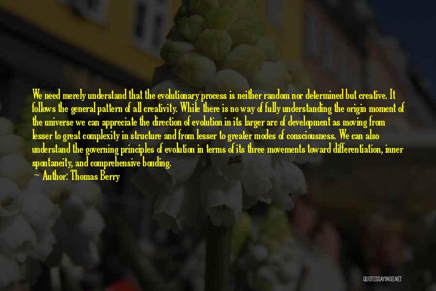 Thomas Berry Quotes: We Need Merely Understand That The Evolutionary Process Is Neither Random Nor Determined But Creative. It Follows The General Pattern