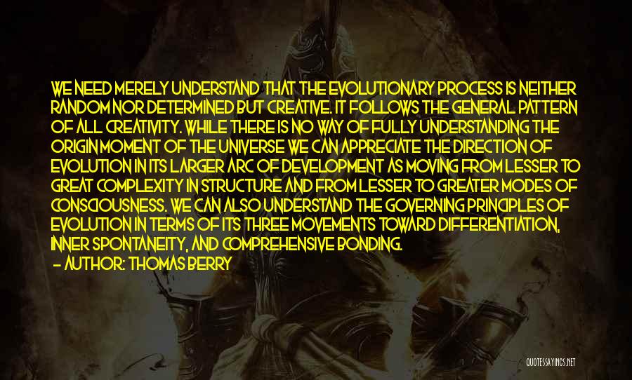 Thomas Berry Quotes: We Need Merely Understand That The Evolutionary Process Is Neither Random Nor Determined But Creative. It Follows The General Pattern