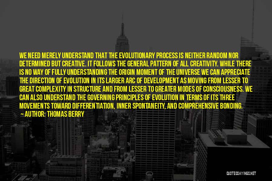 Thomas Berry Quotes: We Need Merely Understand That The Evolutionary Process Is Neither Random Nor Determined But Creative. It Follows The General Pattern