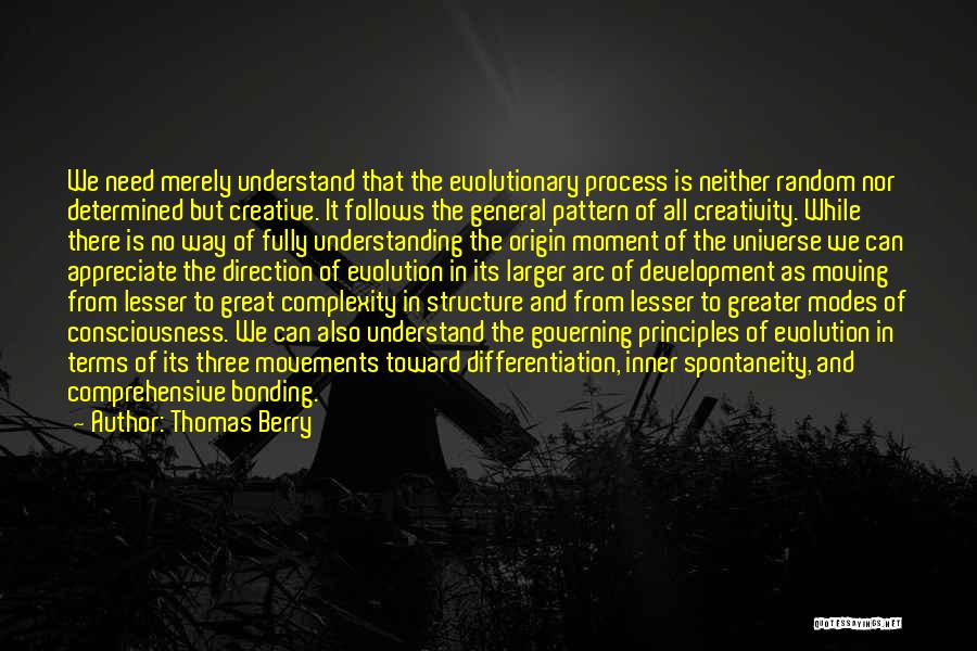 Thomas Berry Quotes: We Need Merely Understand That The Evolutionary Process Is Neither Random Nor Determined But Creative. It Follows The General Pattern