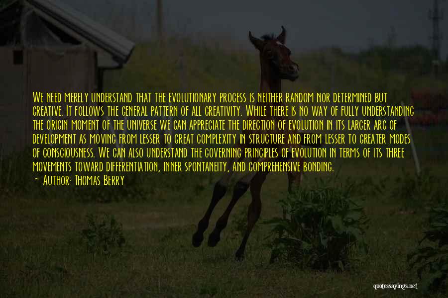 Thomas Berry Quotes: We Need Merely Understand That The Evolutionary Process Is Neither Random Nor Determined But Creative. It Follows The General Pattern