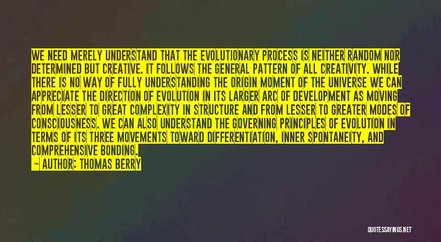 Thomas Berry Quotes: We Need Merely Understand That The Evolutionary Process Is Neither Random Nor Determined But Creative. It Follows The General Pattern