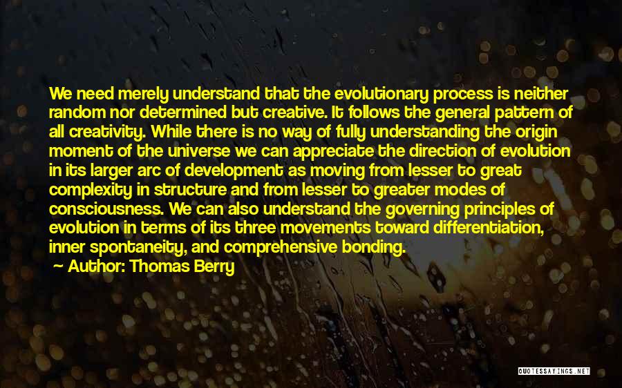 Thomas Berry Quotes: We Need Merely Understand That The Evolutionary Process Is Neither Random Nor Determined But Creative. It Follows The General Pattern