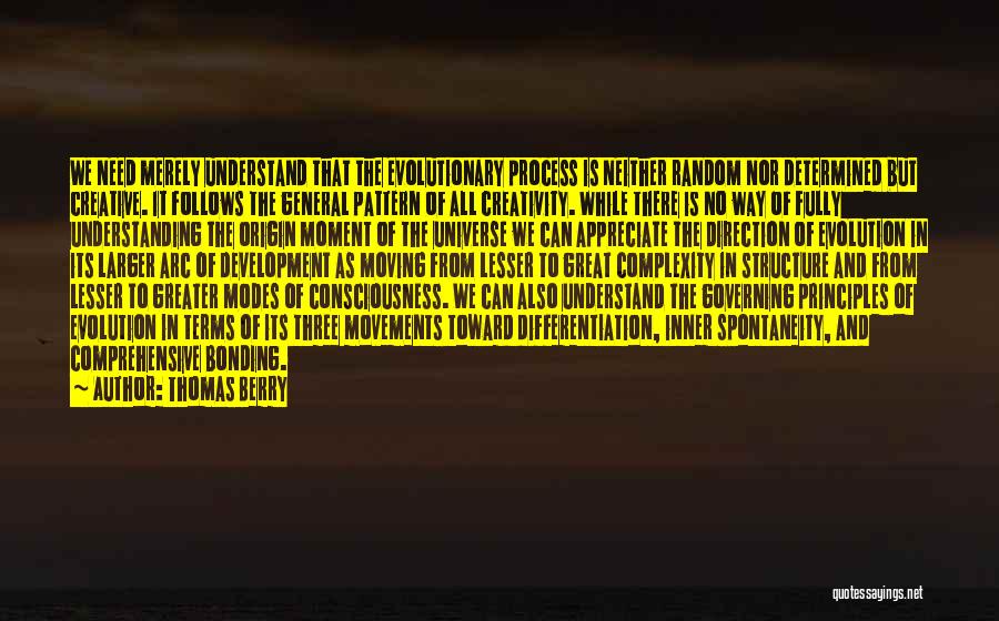 Thomas Berry Quotes: We Need Merely Understand That The Evolutionary Process Is Neither Random Nor Determined But Creative. It Follows The General Pattern