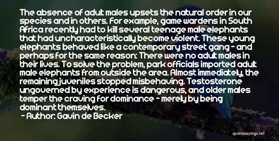 Gavin De Becker Quotes: The Absence Of Adult Males Upsets The Natural Order In Our Species And In Others. For Example, Game Wardens In