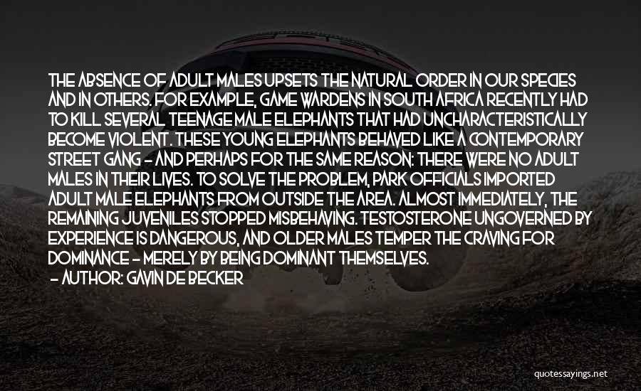 Gavin De Becker Quotes: The Absence Of Adult Males Upsets The Natural Order In Our Species And In Others. For Example, Game Wardens In