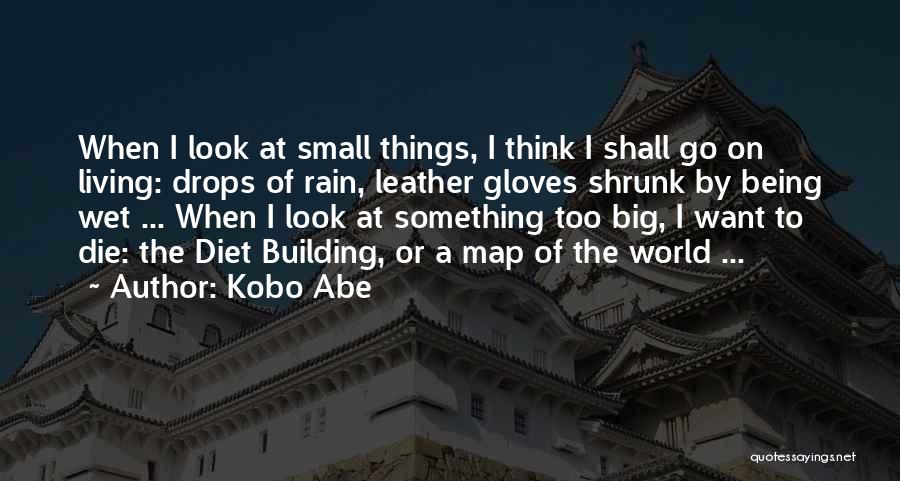 Kobo Abe Quotes: When I Look At Small Things, I Think I Shall Go On Living: Drops Of Rain, Leather Gloves Shrunk By