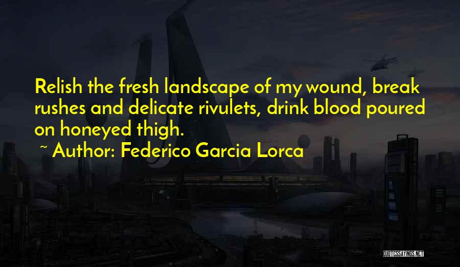 Federico Garcia Lorca Quotes: Relish The Fresh Landscape Of My Wound, Break Rushes And Delicate Rivulets, Drink Blood Poured On Honeyed Thigh.