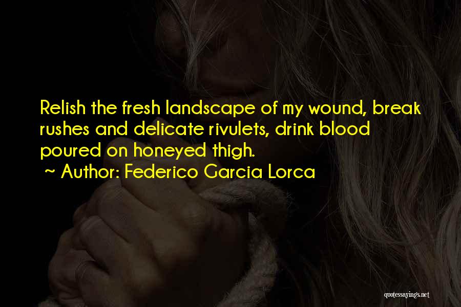 Federico Garcia Lorca Quotes: Relish The Fresh Landscape Of My Wound, Break Rushes And Delicate Rivulets, Drink Blood Poured On Honeyed Thigh.