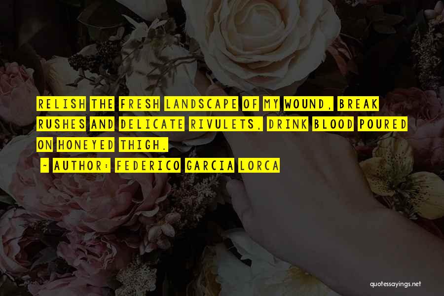 Federico Garcia Lorca Quotes: Relish The Fresh Landscape Of My Wound, Break Rushes And Delicate Rivulets, Drink Blood Poured On Honeyed Thigh.