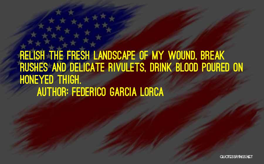 Federico Garcia Lorca Quotes: Relish The Fresh Landscape Of My Wound, Break Rushes And Delicate Rivulets, Drink Blood Poured On Honeyed Thigh.