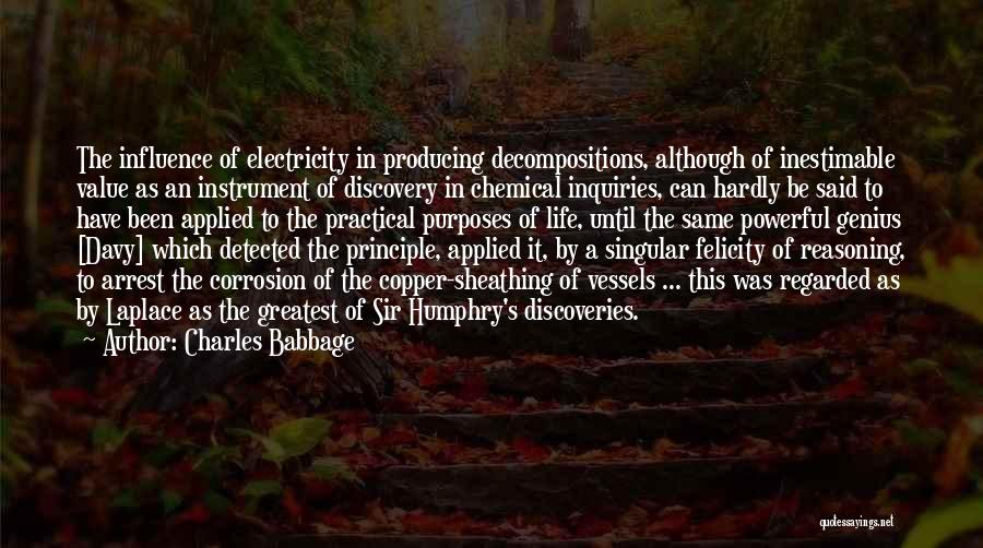 Charles Babbage Quotes: The Influence Of Electricity In Producing Decompositions, Although Of Inestimable Value As An Instrument Of Discovery In Chemical Inquiries, Can