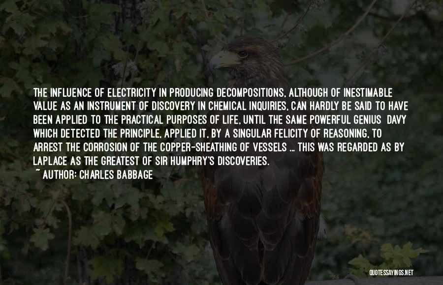 Charles Babbage Quotes: The Influence Of Electricity In Producing Decompositions, Although Of Inestimable Value As An Instrument Of Discovery In Chemical Inquiries, Can