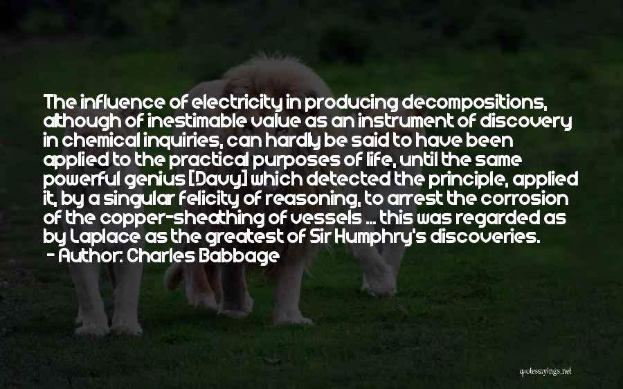 Charles Babbage Quotes: The Influence Of Electricity In Producing Decompositions, Although Of Inestimable Value As An Instrument Of Discovery In Chemical Inquiries, Can