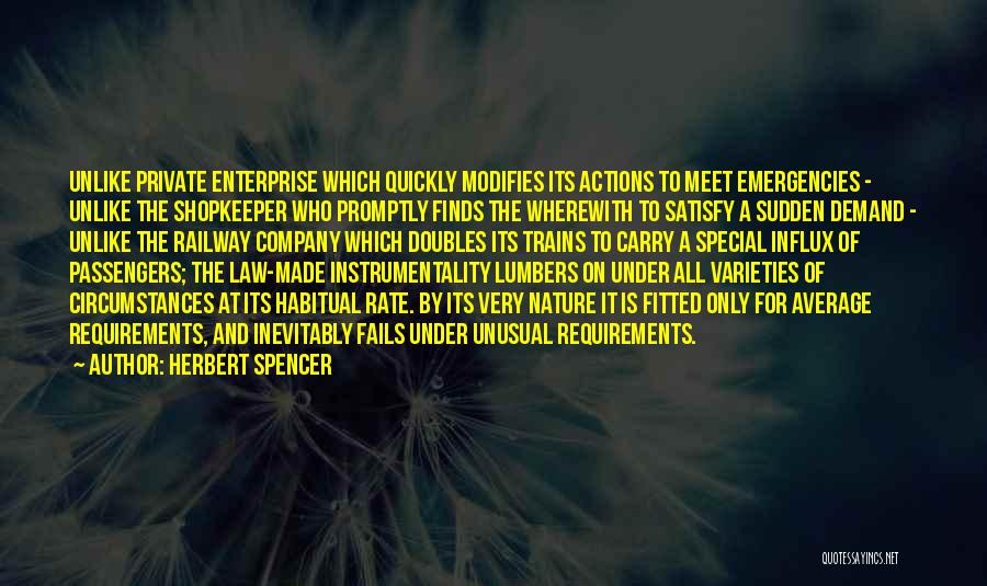 Herbert Spencer Quotes: Unlike Private Enterprise Which Quickly Modifies Its Actions To Meet Emergencies - Unlike The Shopkeeper Who Promptly Finds The Wherewith