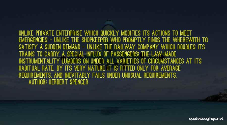 Herbert Spencer Quotes: Unlike Private Enterprise Which Quickly Modifies Its Actions To Meet Emergencies - Unlike The Shopkeeper Who Promptly Finds The Wherewith