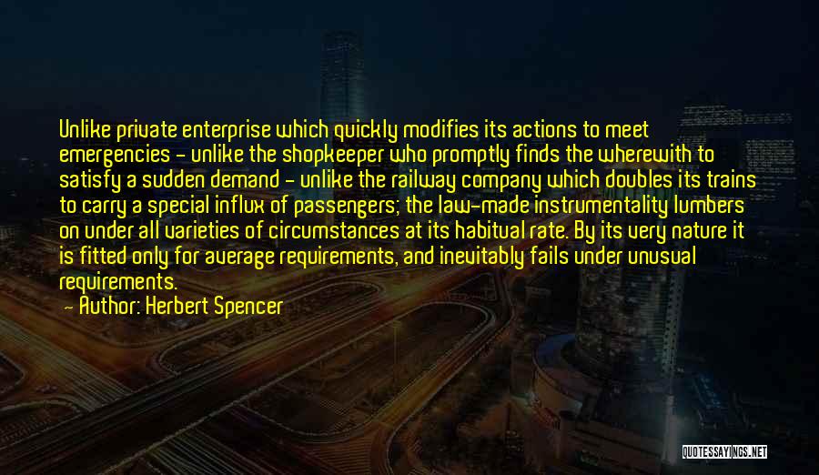 Herbert Spencer Quotes: Unlike Private Enterprise Which Quickly Modifies Its Actions To Meet Emergencies - Unlike The Shopkeeper Who Promptly Finds The Wherewith