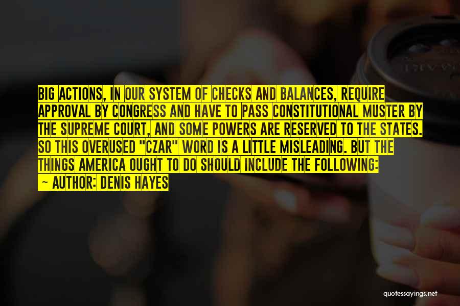 Denis Hayes Quotes: Big Actions, In Our System Of Checks And Balances, Require Approval By Congress And Have To Pass Constitutional Muster By