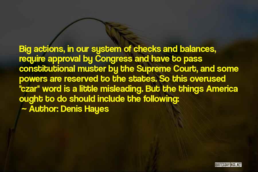 Denis Hayes Quotes: Big Actions, In Our System Of Checks And Balances, Require Approval By Congress And Have To Pass Constitutional Muster By