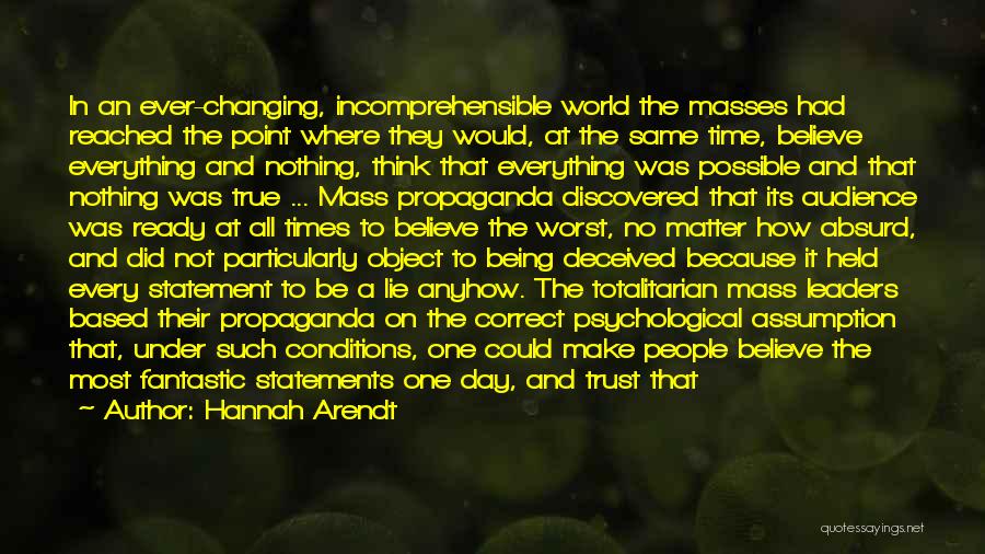 Hannah Arendt Quotes: In An Ever-changing, Incomprehensible World The Masses Had Reached The Point Where They Would, At The Same Time, Believe Everything