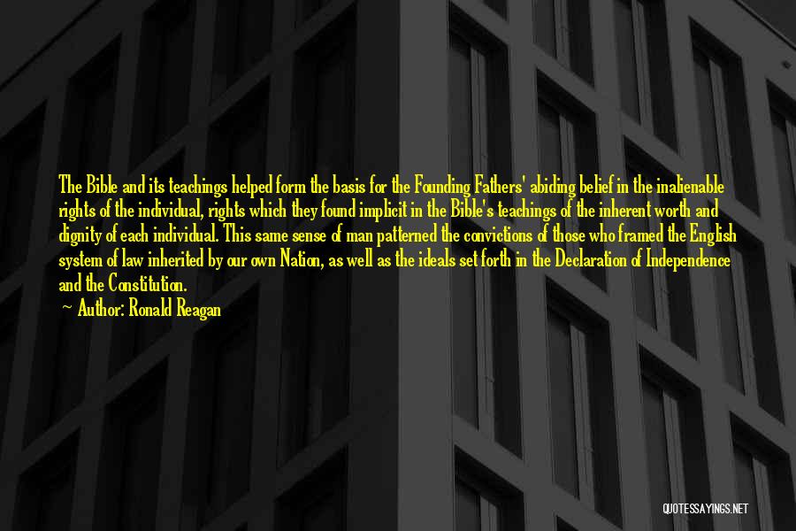 Ronald Reagan Quotes: The Bible And Its Teachings Helped Form The Basis For The Founding Fathers' Abiding Belief In The Inalienable Rights Of