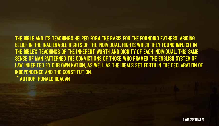 Ronald Reagan Quotes: The Bible And Its Teachings Helped Form The Basis For The Founding Fathers' Abiding Belief In The Inalienable Rights Of