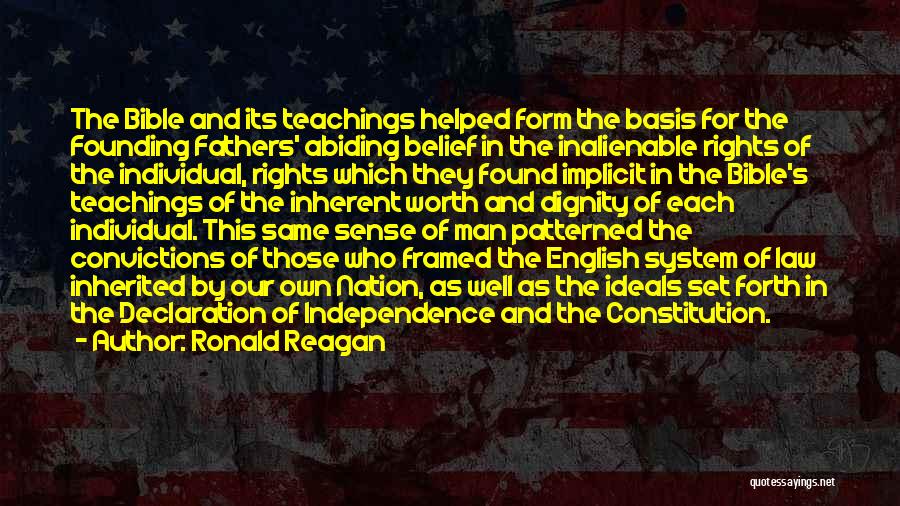 Ronald Reagan Quotes: The Bible And Its Teachings Helped Form The Basis For The Founding Fathers' Abiding Belief In The Inalienable Rights Of