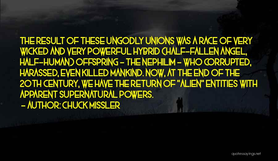 Chuck Missler Quotes: The Result Of These Ungodly Unions Was A Race Of Very Wicked And Very Powerful Hybrid (half-fallen Angel, Half-human) Offspring