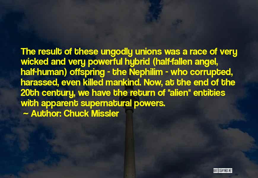 Chuck Missler Quotes: The Result Of These Ungodly Unions Was A Race Of Very Wicked And Very Powerful Hybrid (half-fallen Angel, Half-human) Offspring