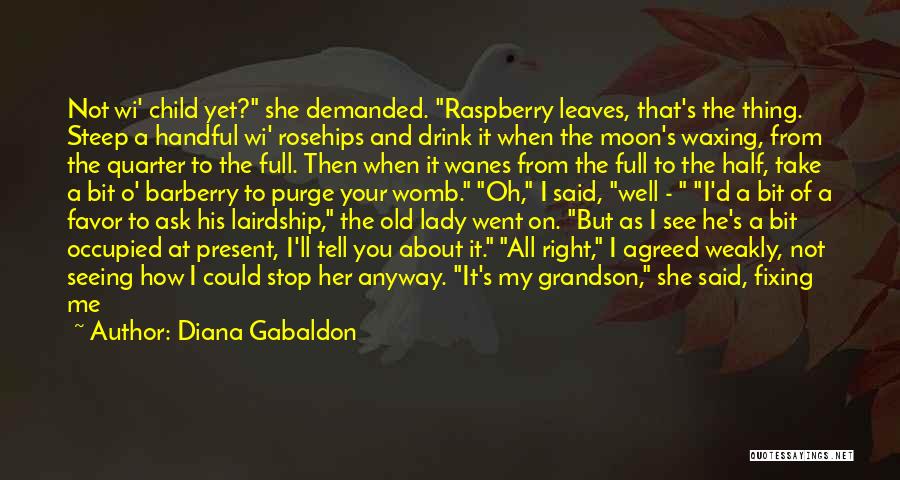 Diana Gabaldon Quotes: Not Wi' Child Yet? She Demanded. Raspberry Leaves, That's The Thing. Steep A Handful Wi' Rosehips And Drink It When