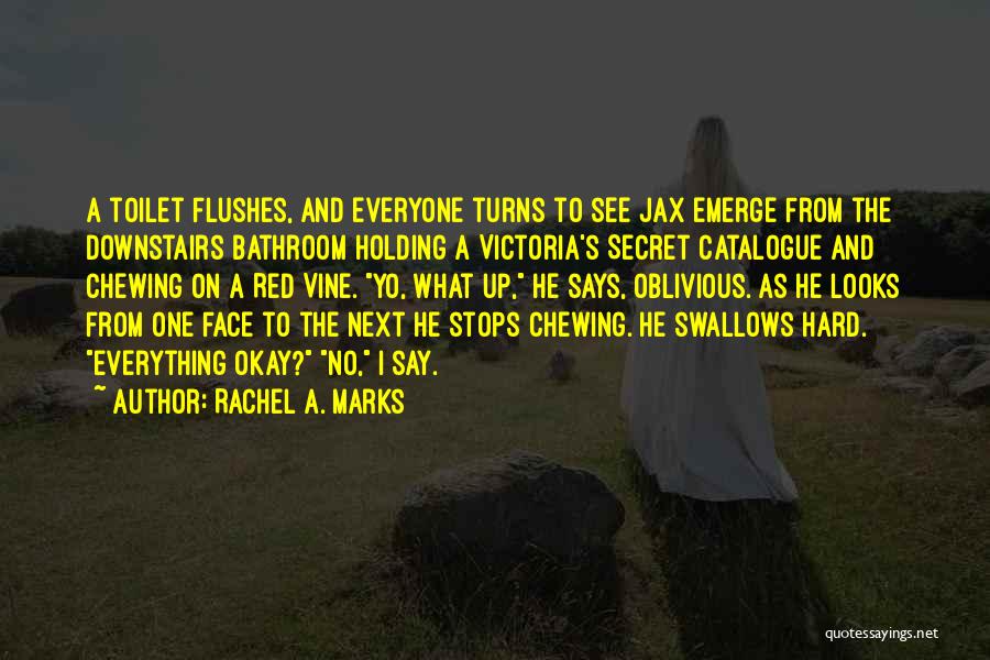 Rachel A. Marks Quotes: A Toilet Flushes, And Everyone Turns To See Jax Emerge From The Downstairs Bathroom Holding A Victoria's Secret Catalogue And