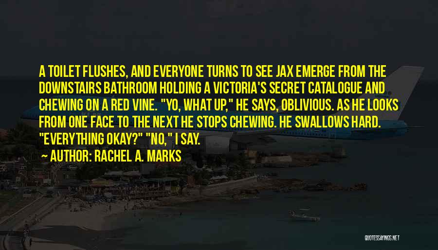 Rachel A. Marks Quotes: A Toilet Flushes, And Everyone Turns To See Jax Emerge From The Downstairs Bathroom Holding A Victoria's Secret Catalogue And