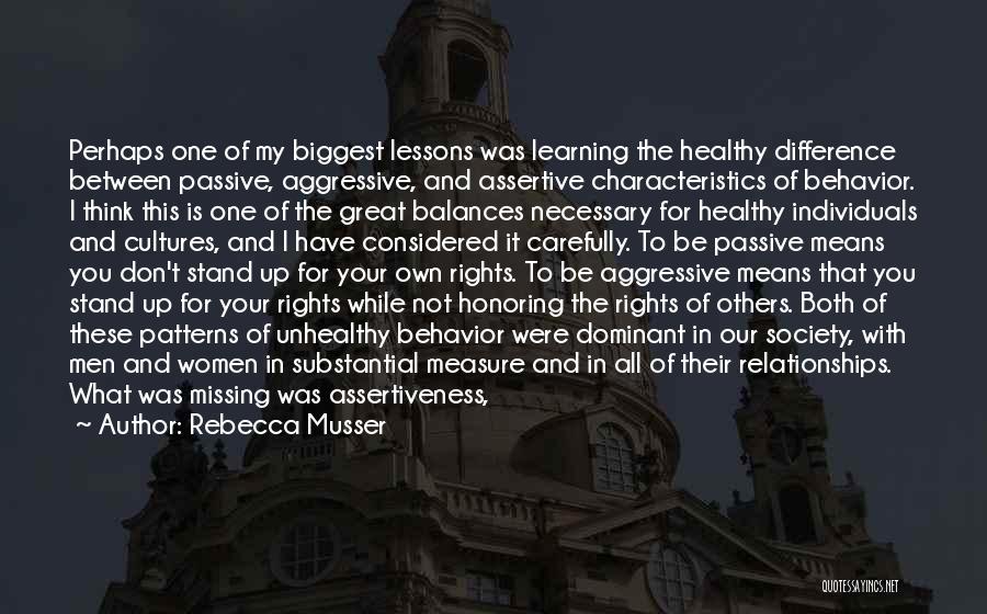 Rebecca Musser Quotes: Perhaps One Of My Biggest Lessons Was Learning The Healthy Difference Between Passive, Aggressive, And Assertive Characteristics Of Behavior. I