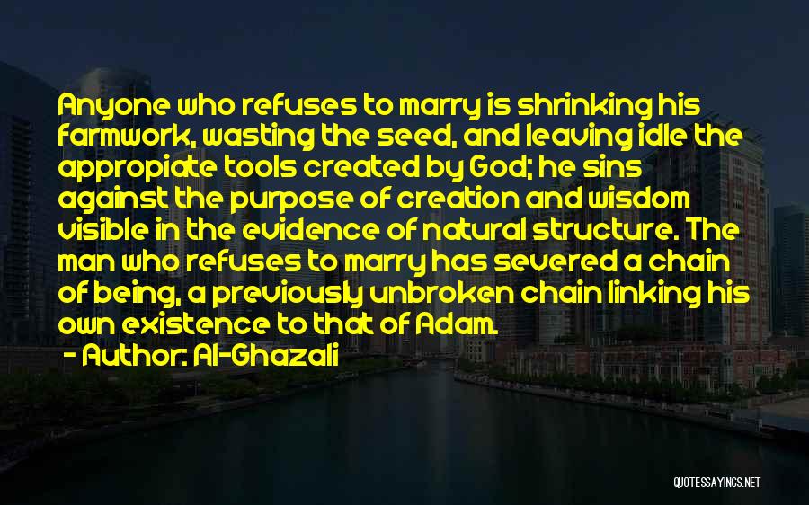 Al-Ghazali Quotes: Anyone Who Refuses To Marry Is Shrinking His Farmwork, Wasting The Seed, And Leaving Idle The Appropiate Tools Created By