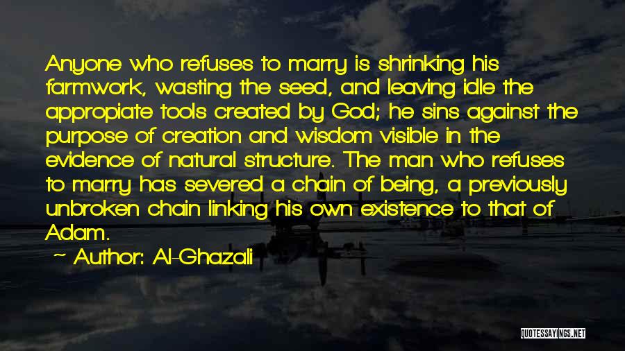 Al-Ghazali Quotes: Anyone Who Refuses To Marry Is Shrinking His Farmwork, Wasting The Seed, And Leaving Idle The Appropiate Tools Created By