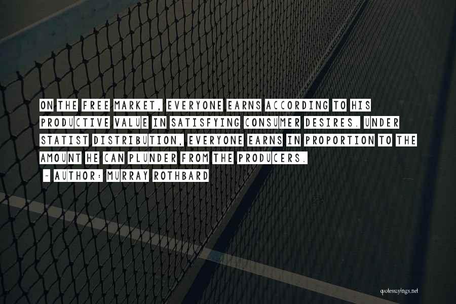 Murray Rothbard Quotes: On The Free Market, Everyone Earns According To His Productive Value In Satisfying Consumer Desires. Under Statist Distribution, Everyone Earns