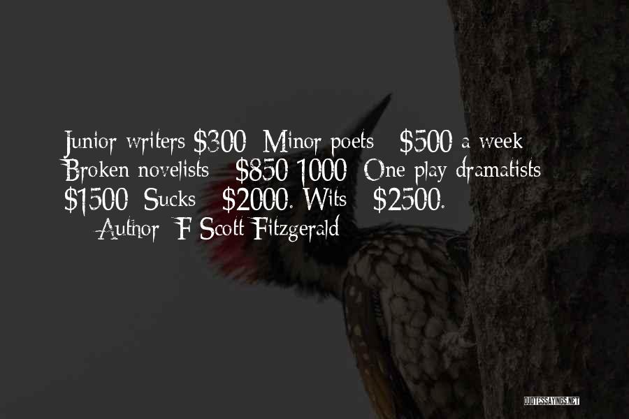 F Scott Fitzgerald Quotes: Junior Writers $300; Minor Poets - $500 A Week; Broken Novelists - $850-1000; One Play Dramatists - $1500; Sucks -