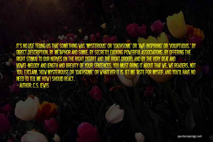 C.S. Lewis Quotes: It's No Use Telling Us That Something Was 'mysterious' Or 'loathsome' Or 'awe-inspiring' Or 'voluptuous.' By Direct Description, By Metaphor