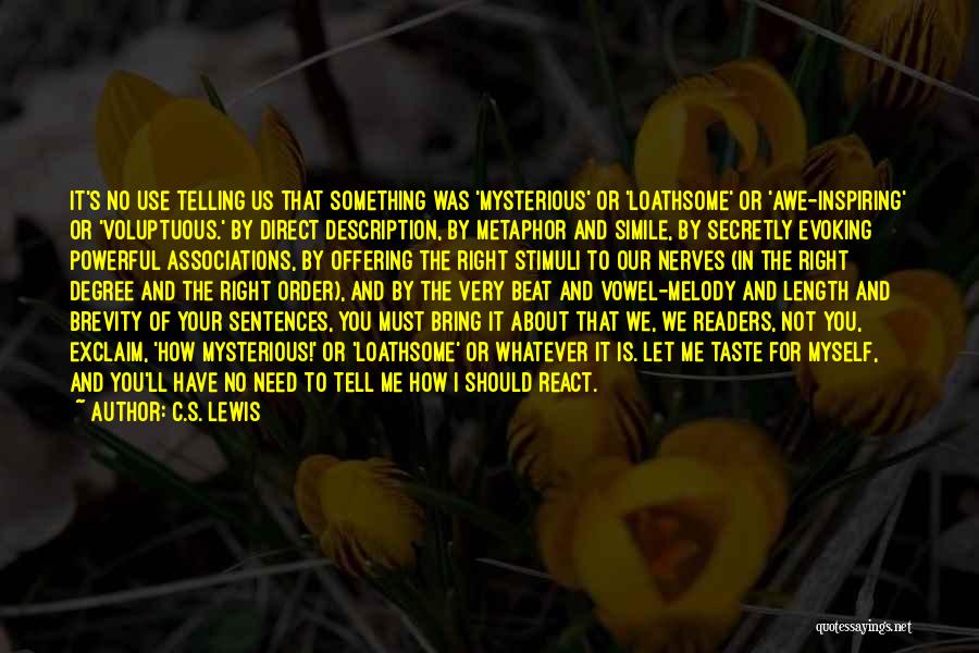 C.S. Lewis Quotes: It's No Use Telling Us That Something Was 'mysterious' Or 'loathsome' Or 'awe-inspiring' Or 'voluptuous.' By Direct Description, By Metaphor