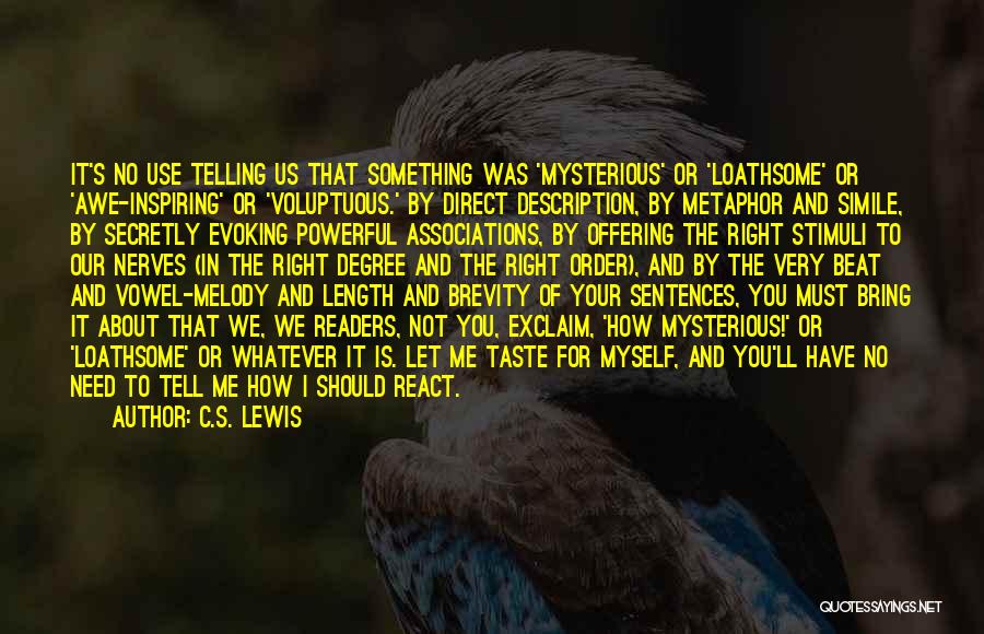 C.S. Lewis Quotes: It's No Use Telling Us That Something Was 'mysterious' Or 'loathsome' Or 'awe-inspiring' Or 'voluptuous.' By Direct Description, By Metaphor